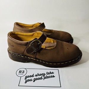 Dr.Marten's Brown Leather Mary Jane Buckle Womens Sz 7 Yellow Made in England